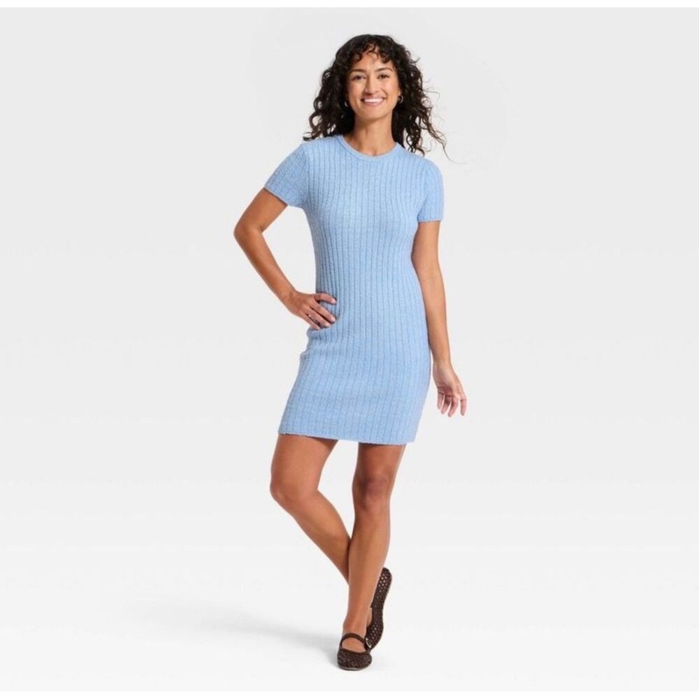 Universal Thread Light Blue Rib-Knit Short Sleeve Mini Dress Size L NWT